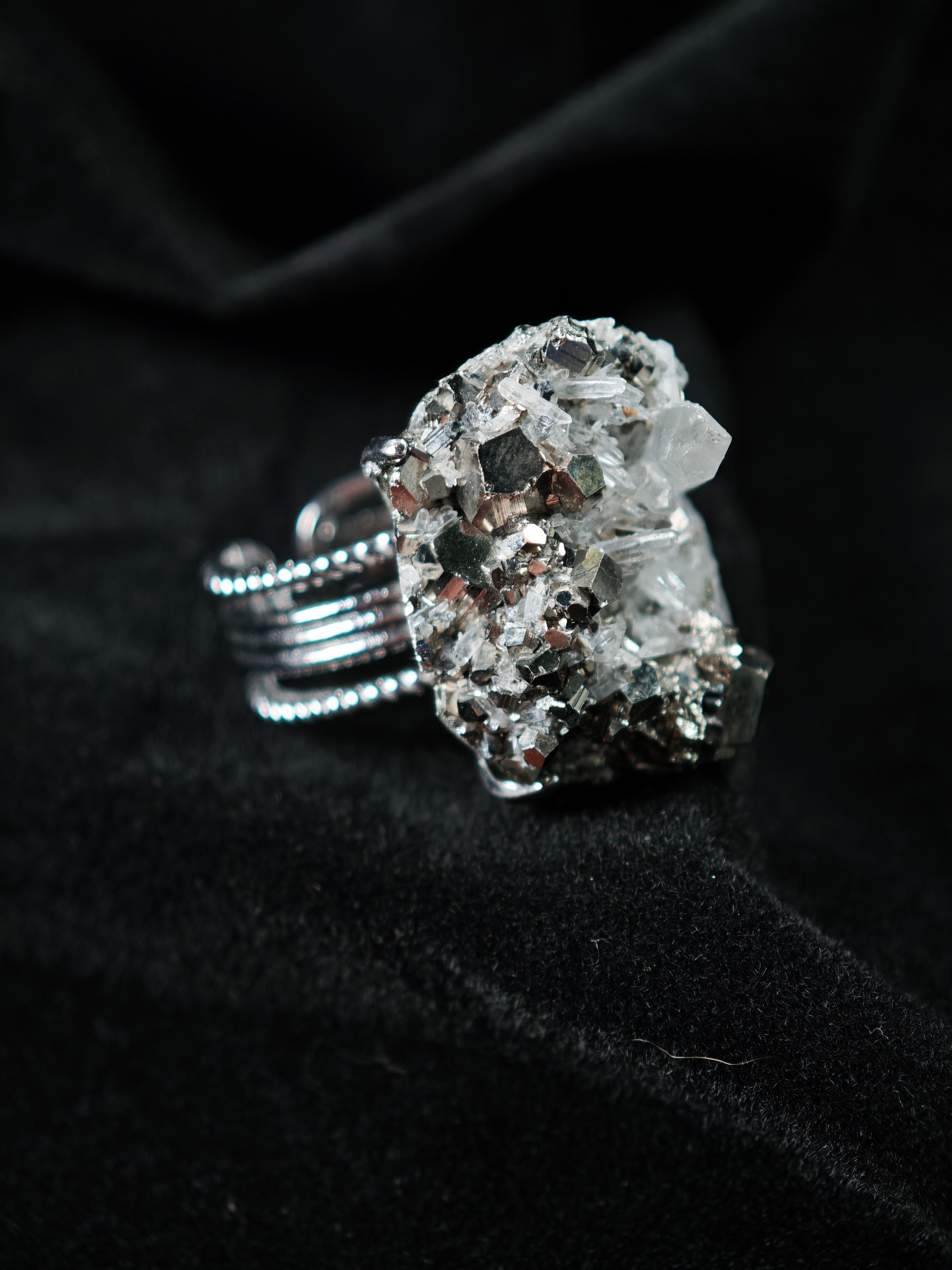 Chalcopyrite&Quartz Adjustable Ring - Natural Mineral - Solo Collection -005