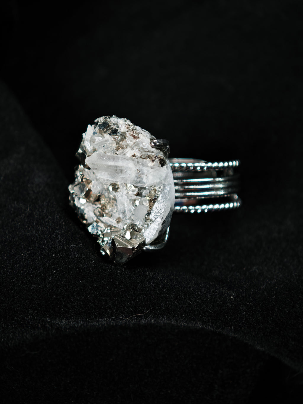 Chalcopyrite&Quartz Adjustable Ring - Natural Mineral - Solo Collection -005