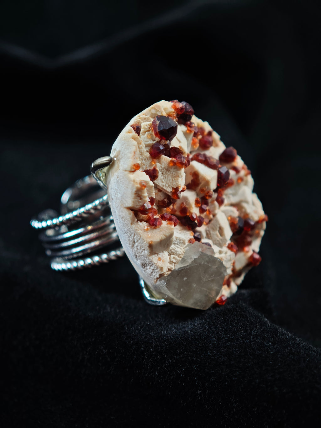 Garnet& Smoky Quartz Adjustable Ring - Natural Mineral - Solo Collection -015