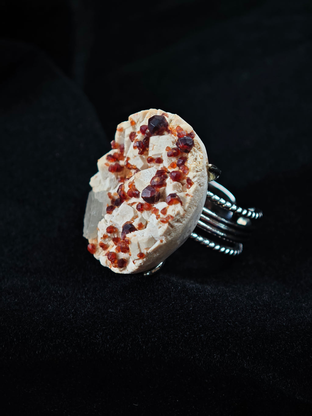 Garnet& Smoky Quartz Adjustable Ring - Natural Mineral - Solo Collection -015