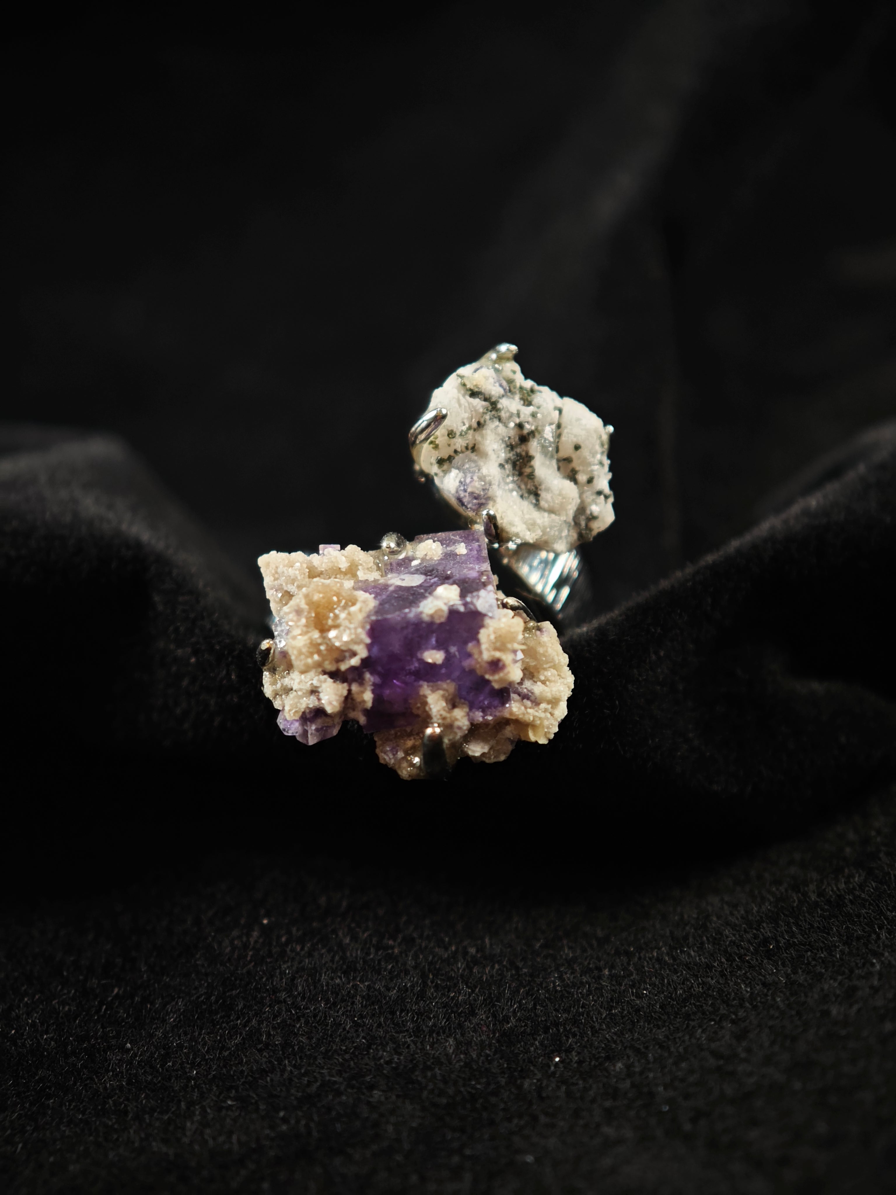 Phantom Fluorite&Pyrite Adjustable Ring - Natural Mineral - Duo Collection -018