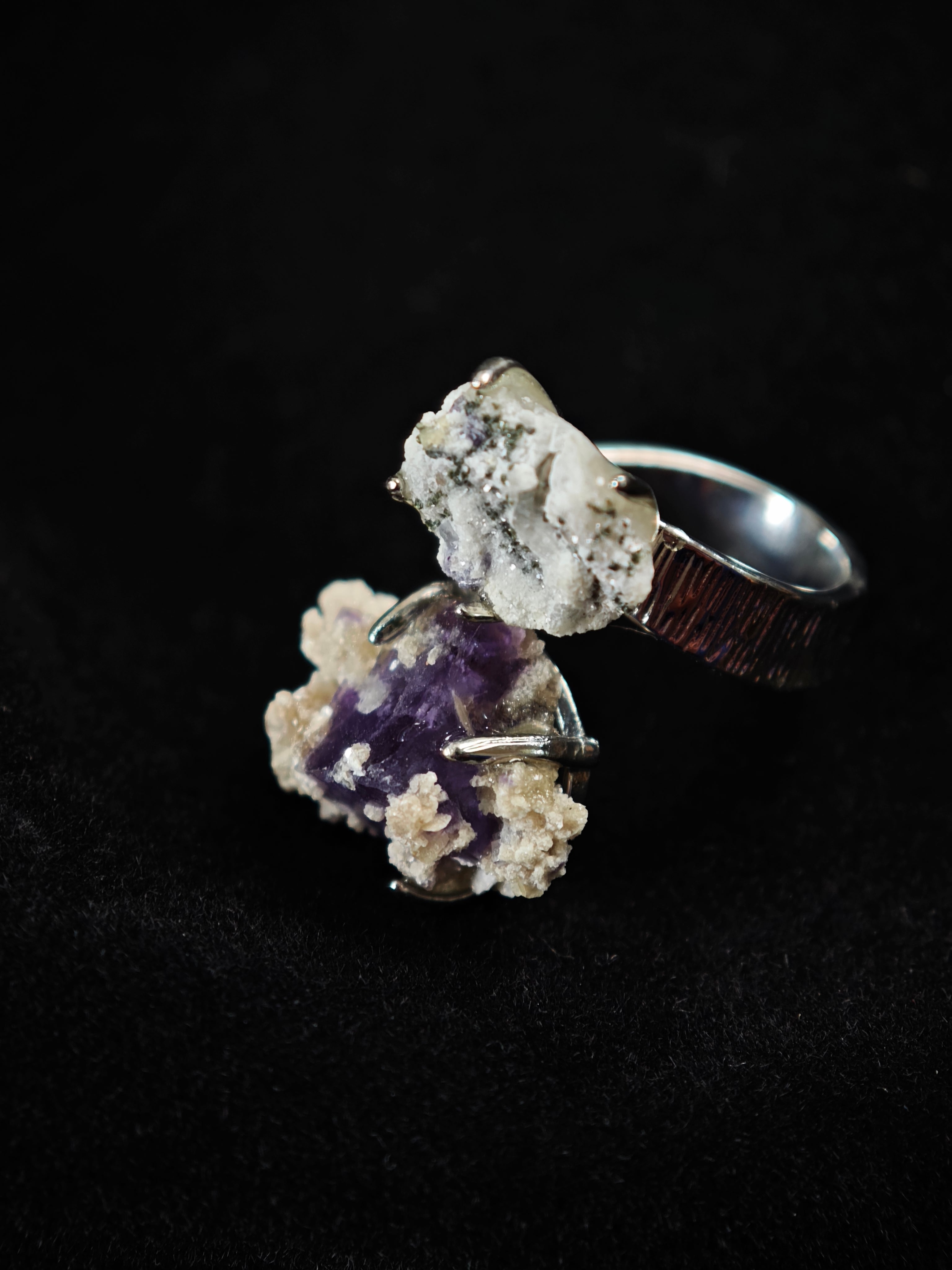 Phantom Fluorite&Pyrite Adjustable Ring - Natural Mineral - Duo Collection -018