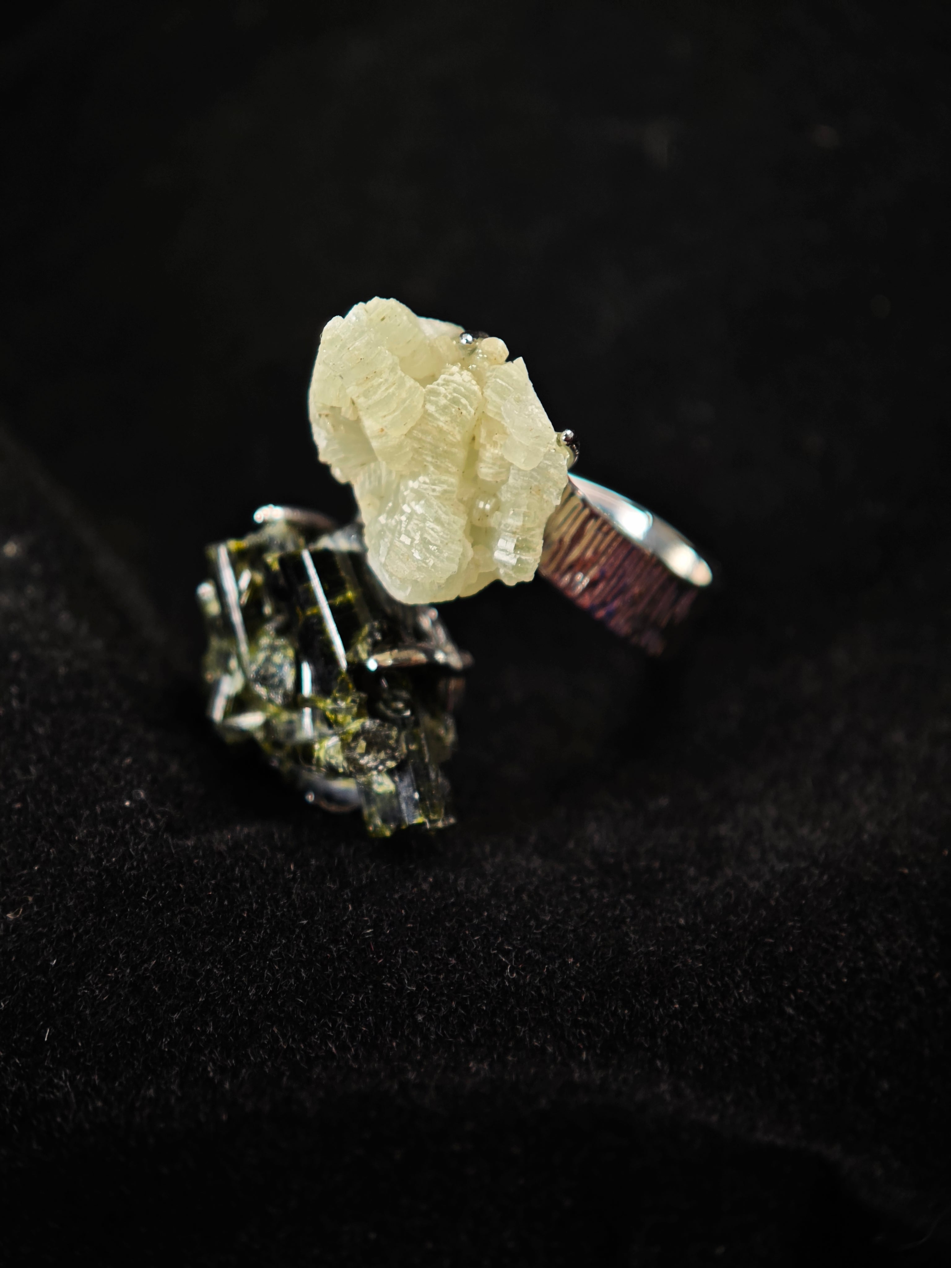 Prehnite&Green Tourmaline Adjustable Ring - Natural Mineral - Duo Collection -019