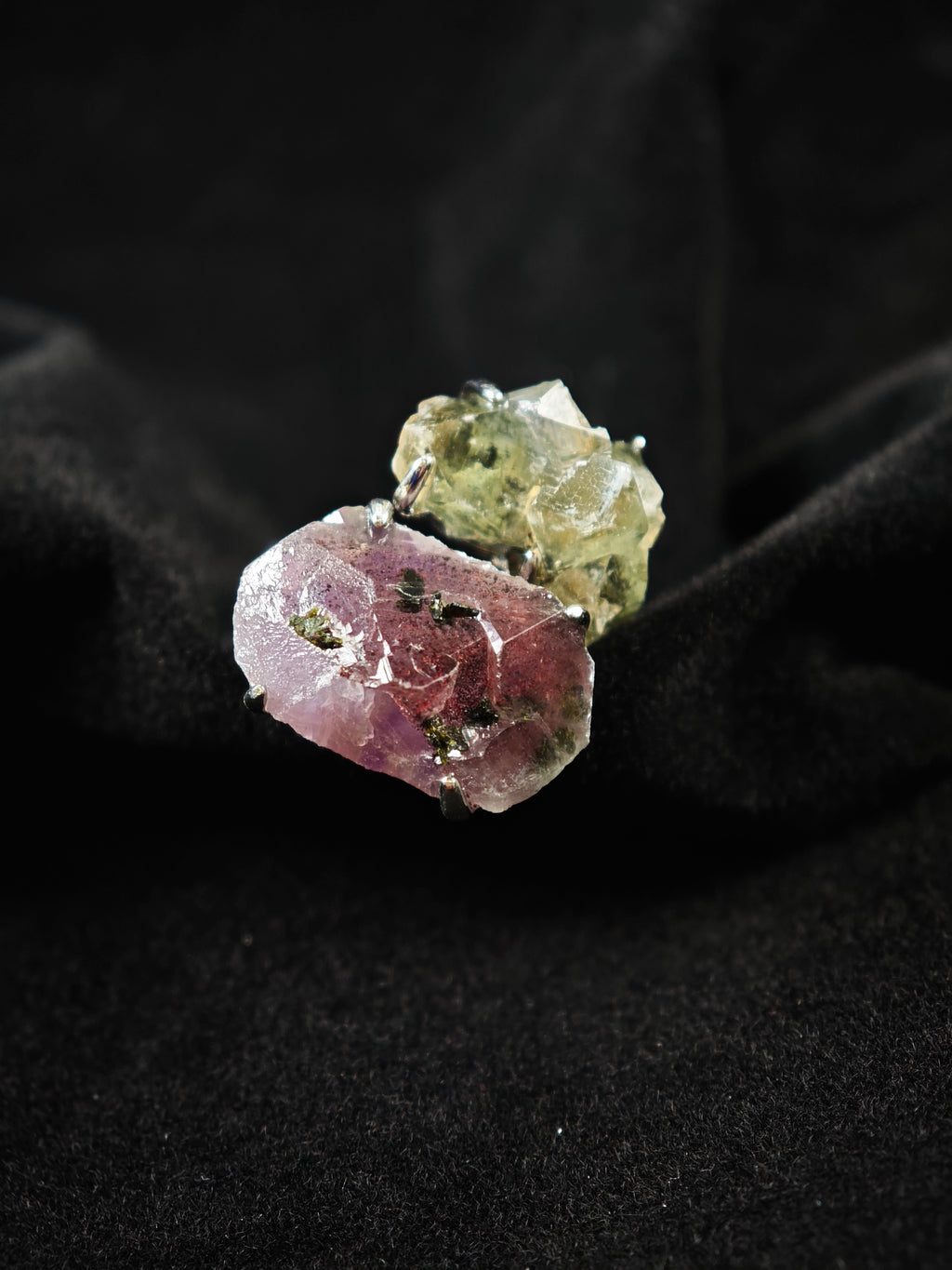 Garden Quartz&Prase Adjustable Ring - Natural Mineral - Duo Collection -020