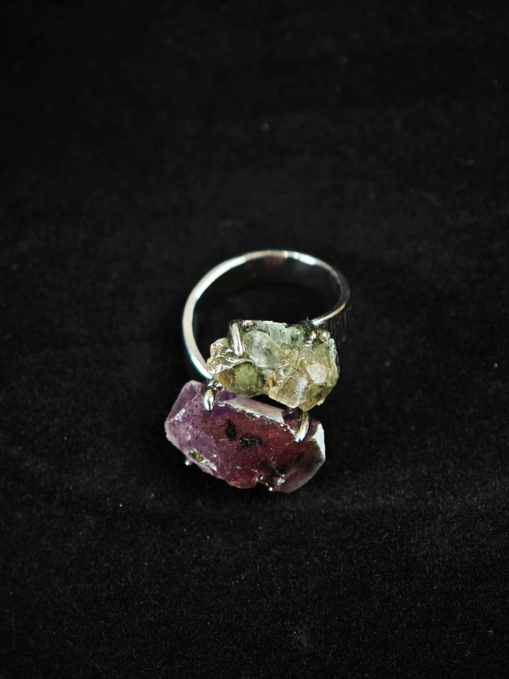 Garden Quartz&Prase Adjustable Ring - Natural Mineral - Duo Collection -020