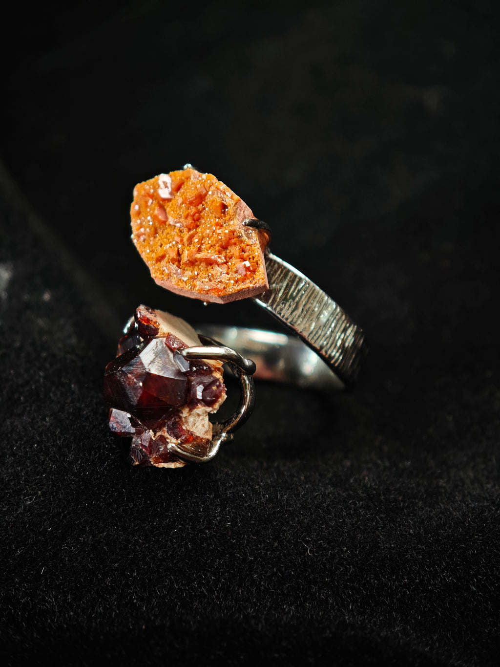 Garnet&Vanadinite Adjustable Ring - Natural Mineral - Duo Collection -021