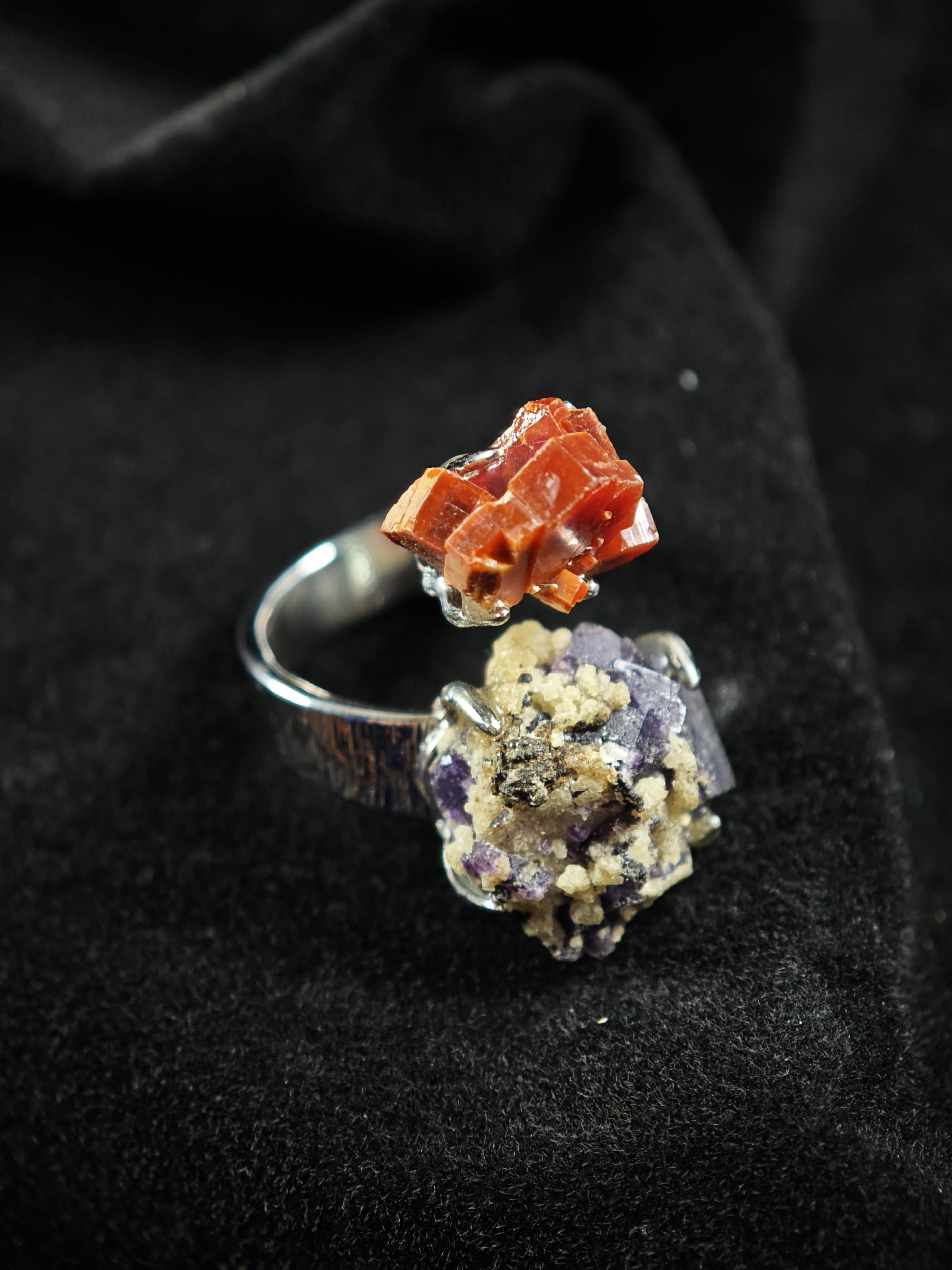 Phantom Fluorite&Vanadinite Adjustable Ring - Natural Mineral - Duo Collection -030