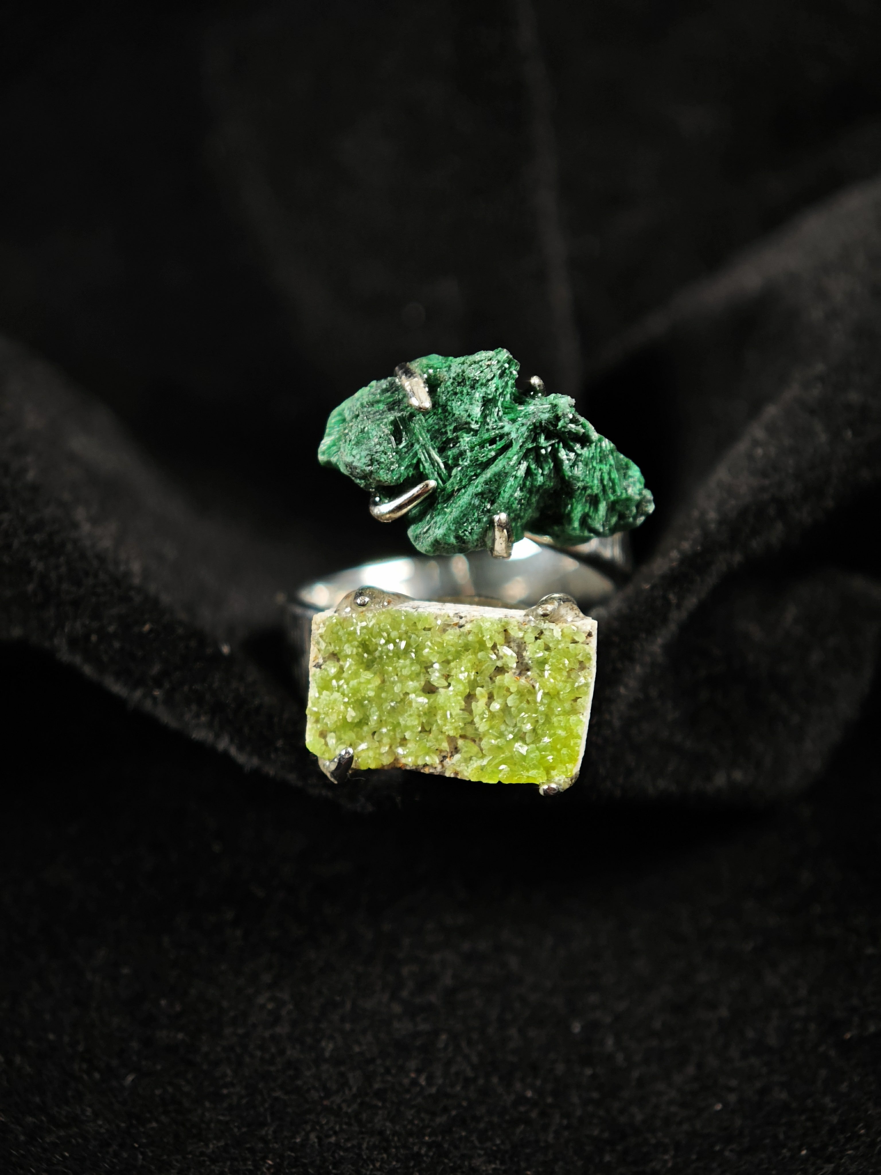 Malachite&Pyromorphite Adjustable Ring - Natural Mineral - Duo Collection -031
