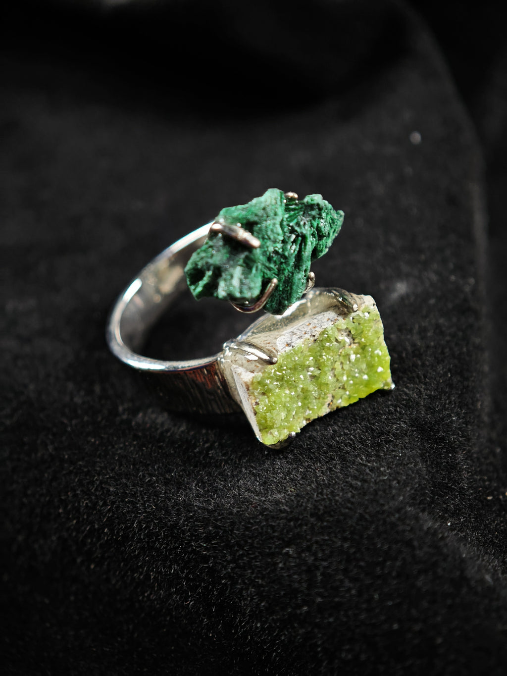 Malachite&Pyromorphite Adjustable Ring - Natural Mineral - Duo Collection -031