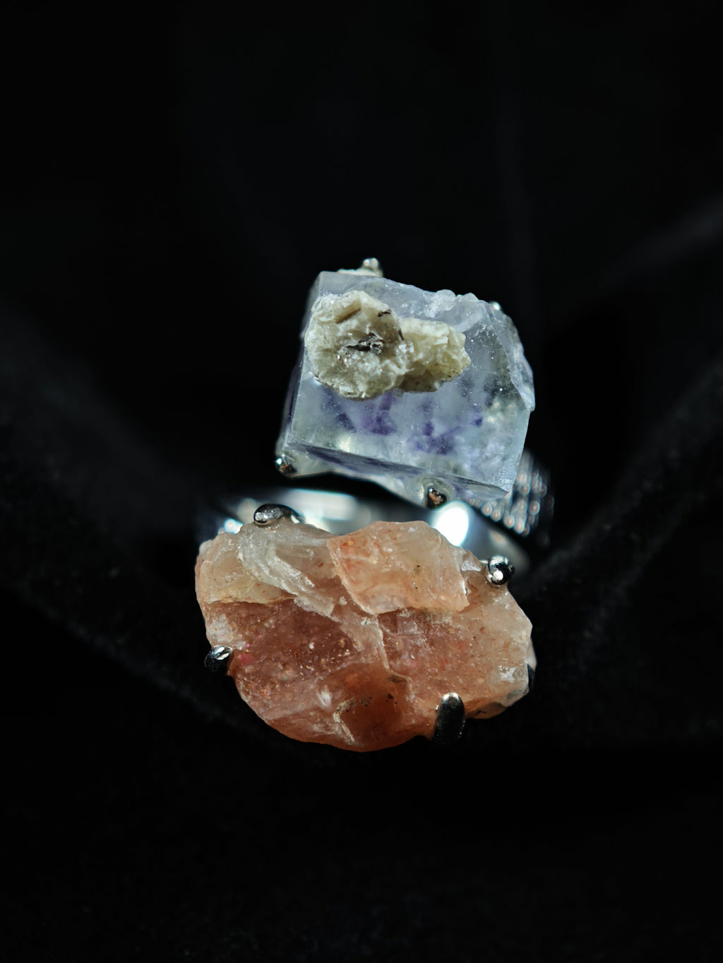 YGX Fluorite&sunstone Adjustable Ring - Natural Mineral - Duo Collection -032
