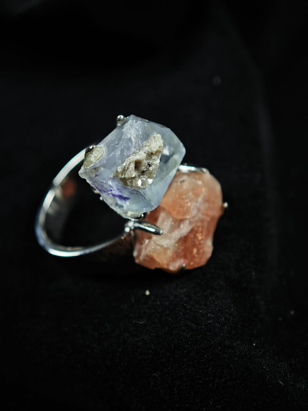 YGX Fluorite&sunstone Adjustable Ring - Natural Mineral - Duo Collection -032