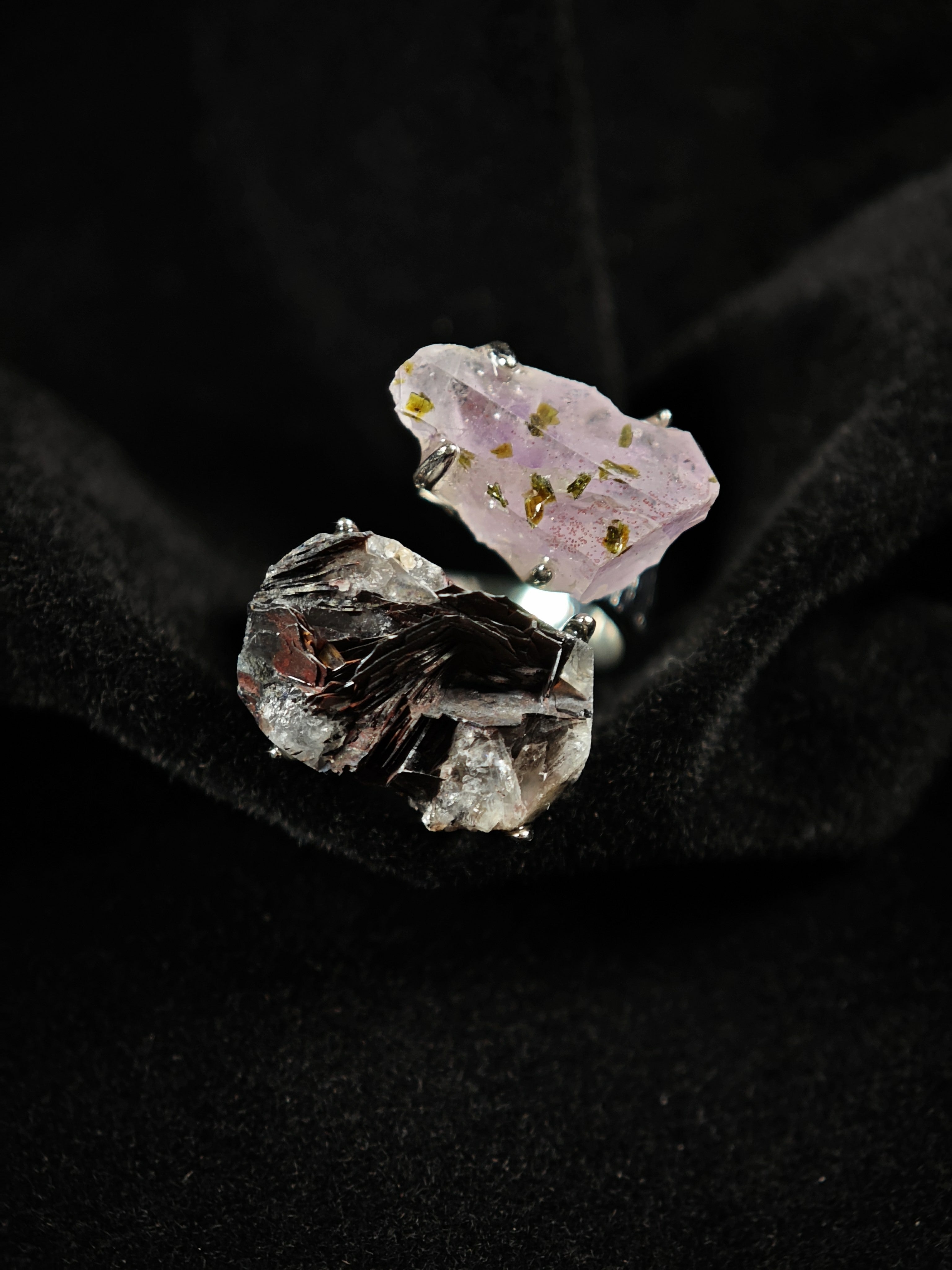 Garden Quartz&specular Adjustable Ring - Natural Mineral - Duo Collection -033