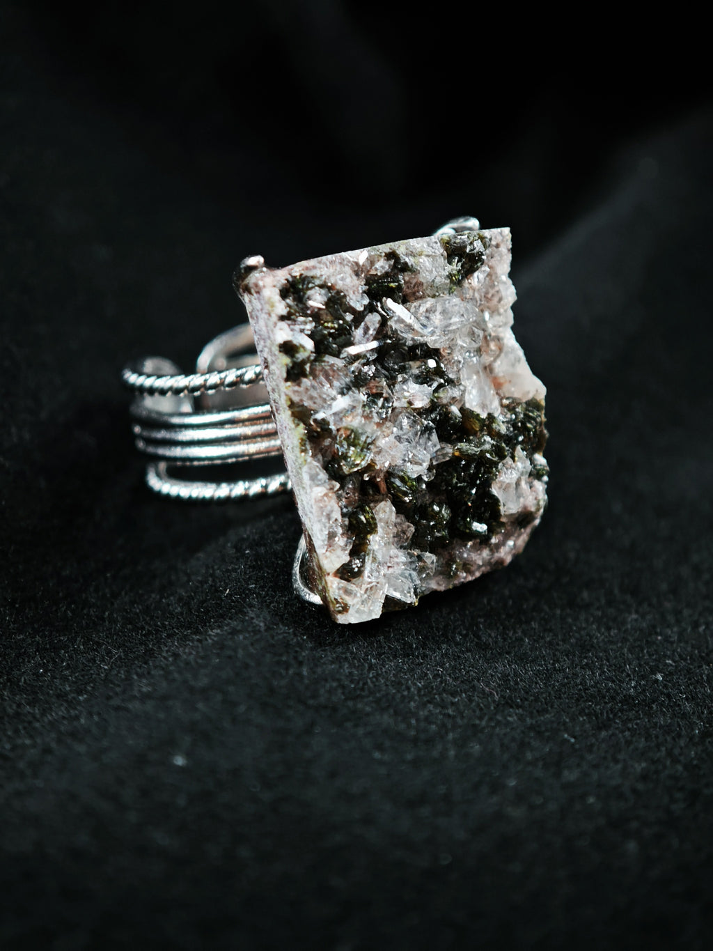 Epidote&Crystal Adjustable Ring - Natural Mineral - Solo Collection -038