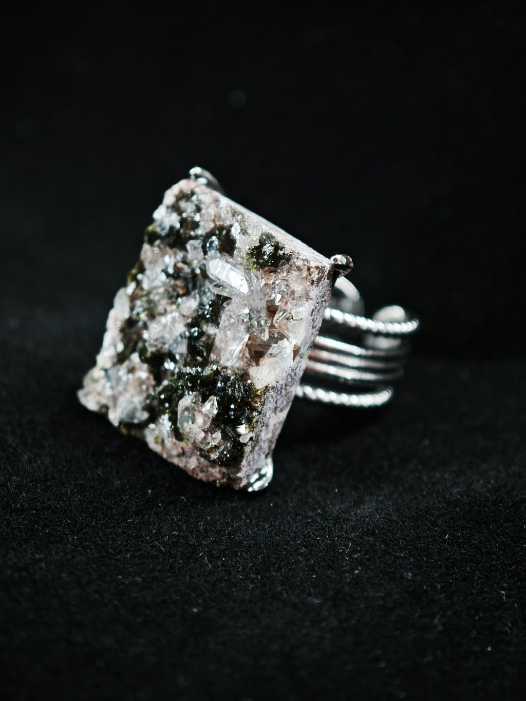 Epidote&Crystal Adjustable Ring - Natural Mineral - Solo Collection -038