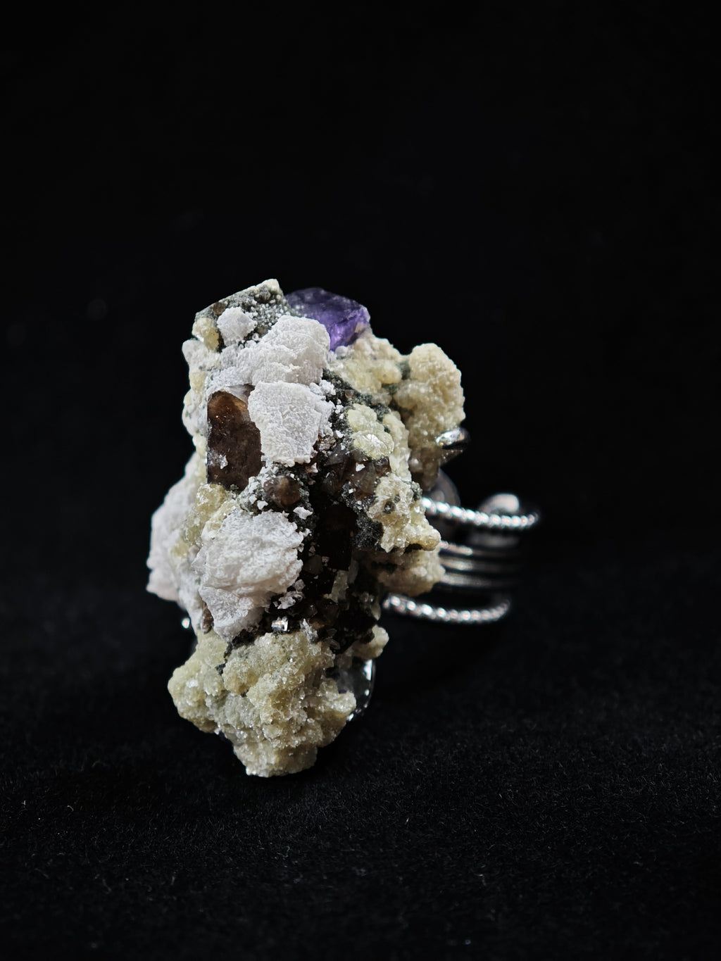 Mica&YGX Fluorite&Smoky Quartz Adjustable Ring - Natural Mineral - Solo Collection -040