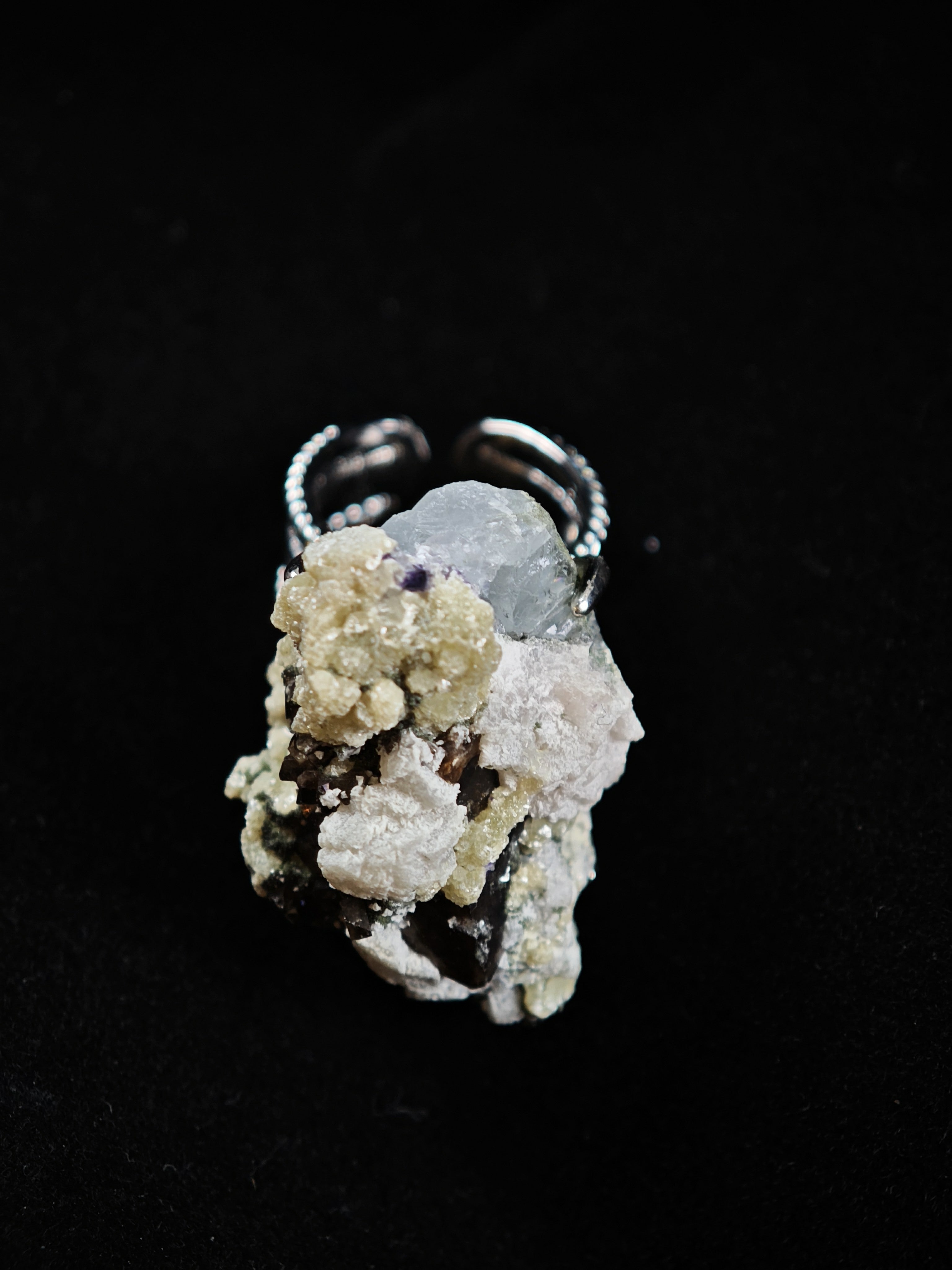 Mica&YGX Fluorite&Smoky Quartz Adjustable Ring - Natural Mineral - Solo Collection -040