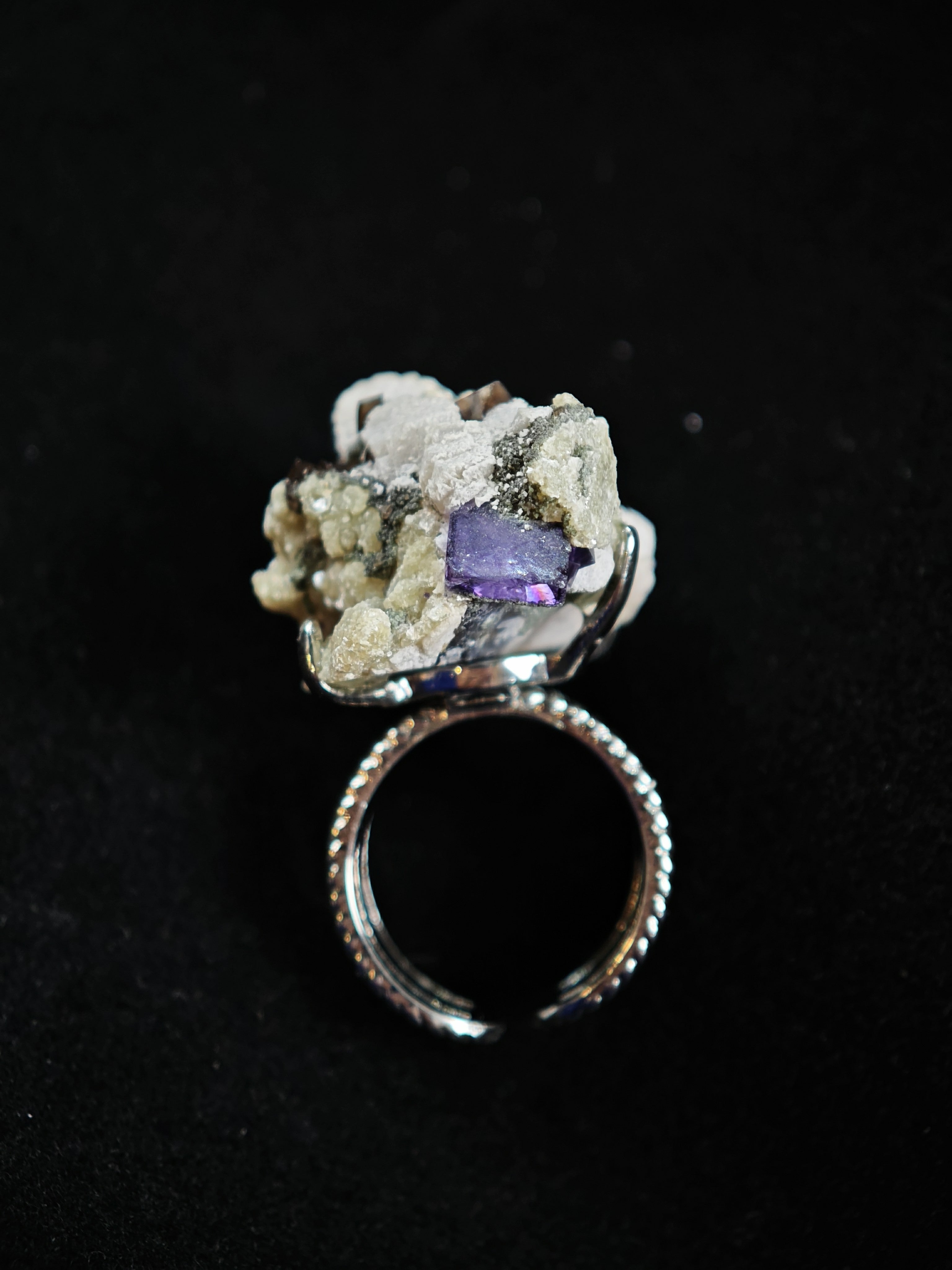 Mica&YGX Fluorite&Smoky Quartz Adjustable Ring - Natural Mineral - Solo Collection -040