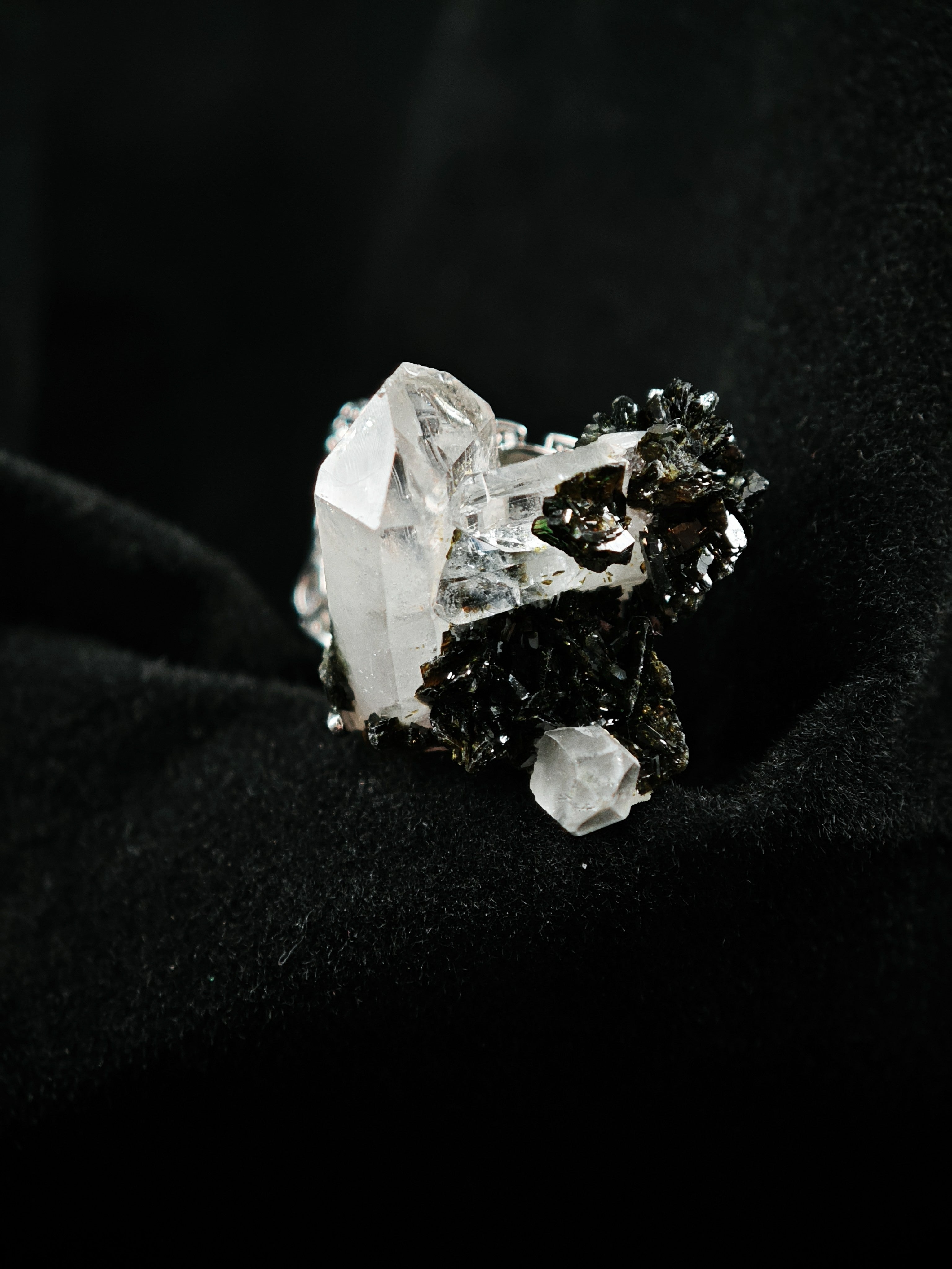 Epidote&Crystal Adjustable Ring - Natural Mineral - Solo Collection -045