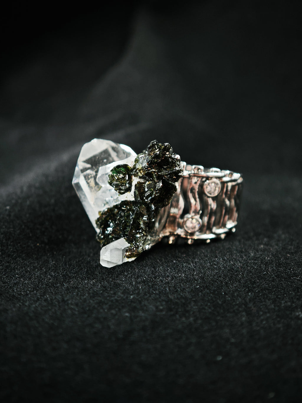 Epidote&Crystal Adjustable Ring - Natural Mineral - Solo Collection -045