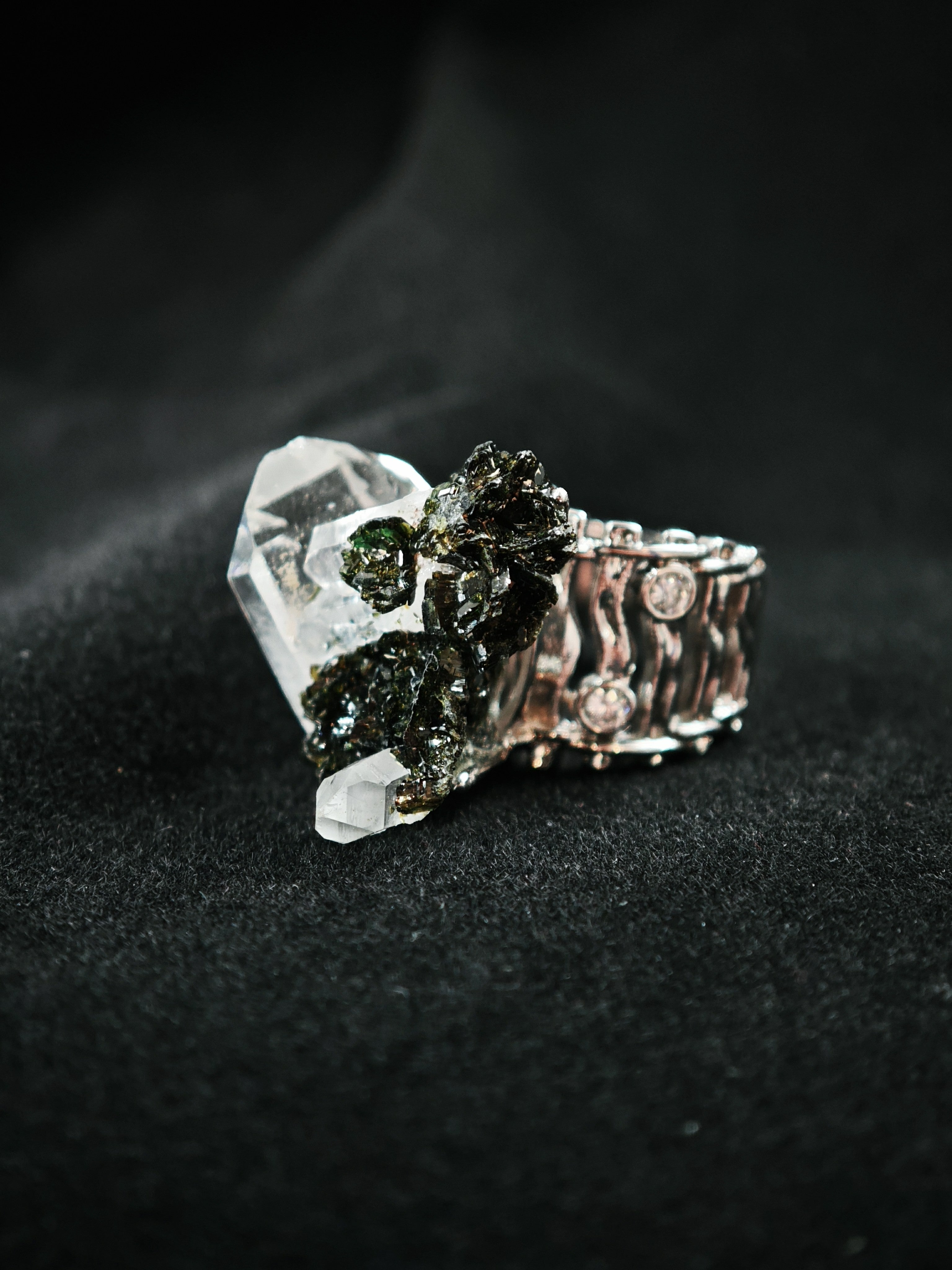 Epidote&Crystal Adjustable Ring - Natural Mineral - Solo Collection -045