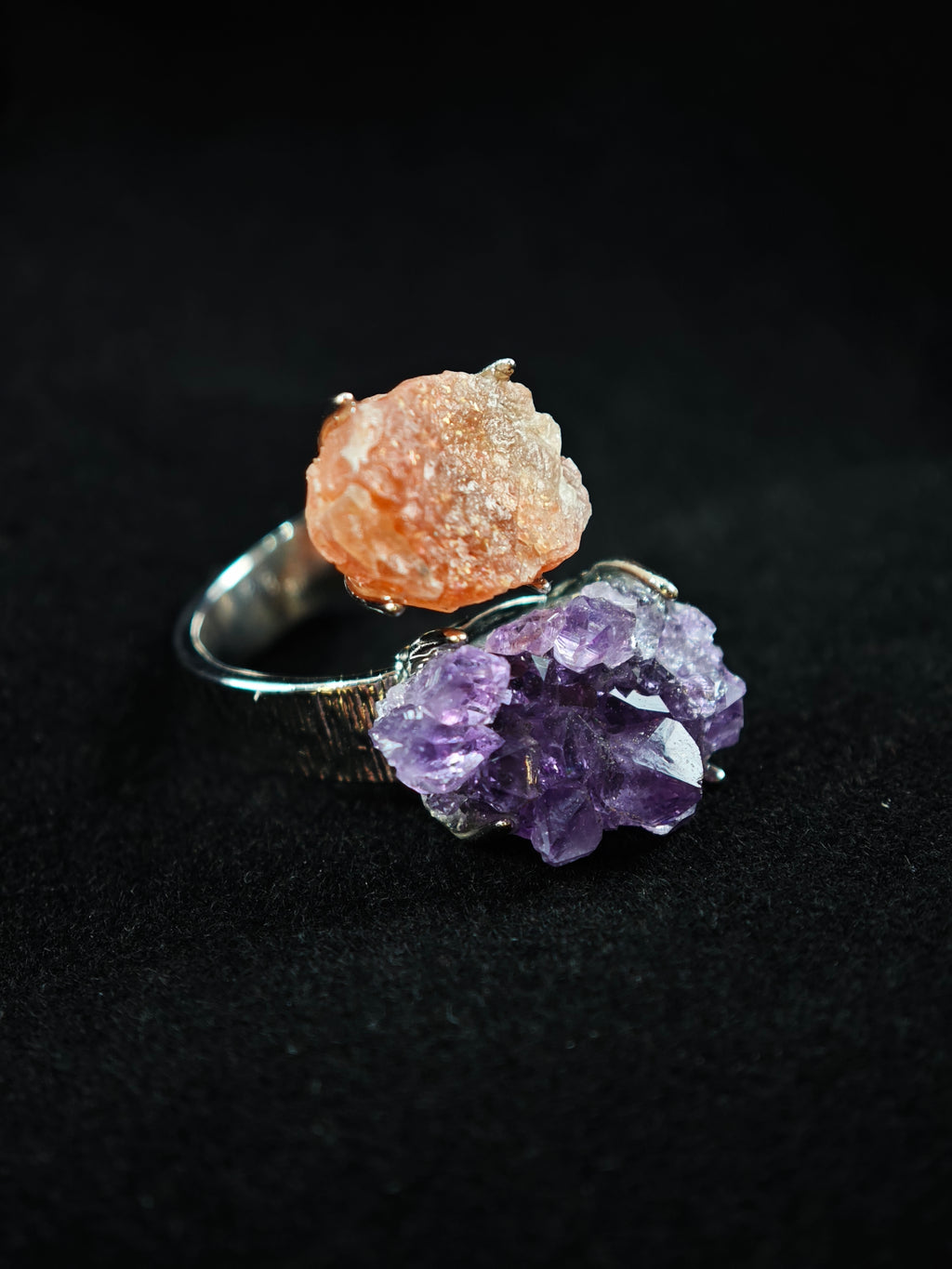 Amethyst&Sunstone Adjustable Ring - Natural Mineral - Duo Collection -059