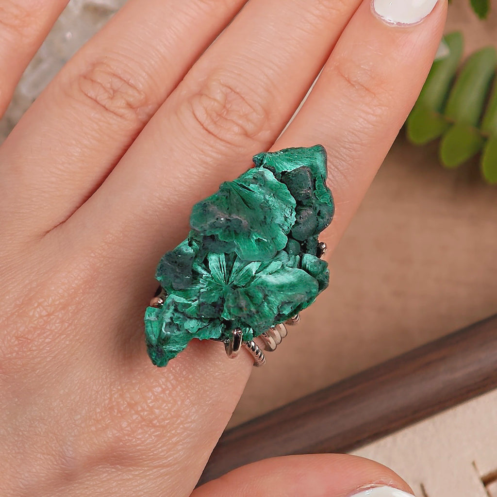 Raw Malachite Adjustable Ring – Natural Mineral Stone Ring, Handmade One of a Kind Jewelry-001