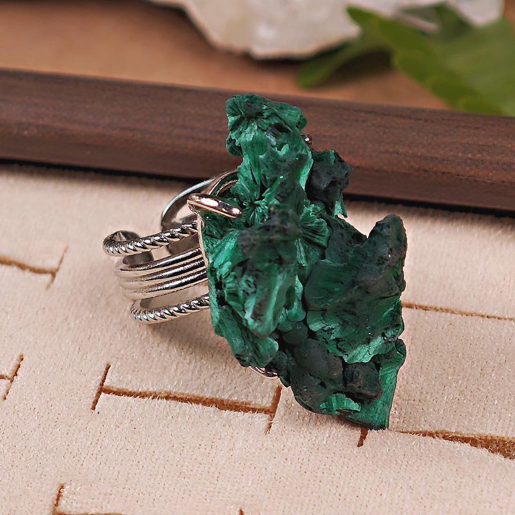 Raw Malachite Adjustable Ring – Natural Mineral Stone Ring, Handmade One of a Kind Jewelry-001