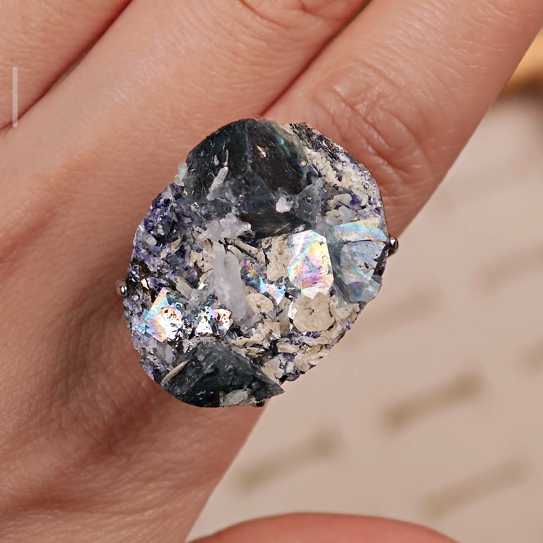 Raw Phantom Fluorite Adjustable Ring – Natural Mineral Stone Ring, Handmade One of a Kind Jewelry-004