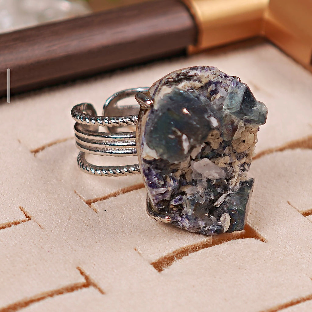 Raw Phantom Fluorite Adjustable Ring – Natural Mineral Stone Ring, Handmade One of a Kind Jewelry-004