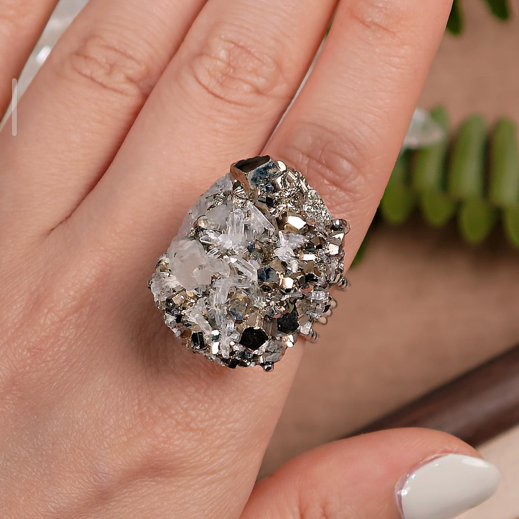 Raw Chalcopyrite Adjustable Ring – Natural Mineral Stone Ring, Handmade One of a Kind Jewelry-005