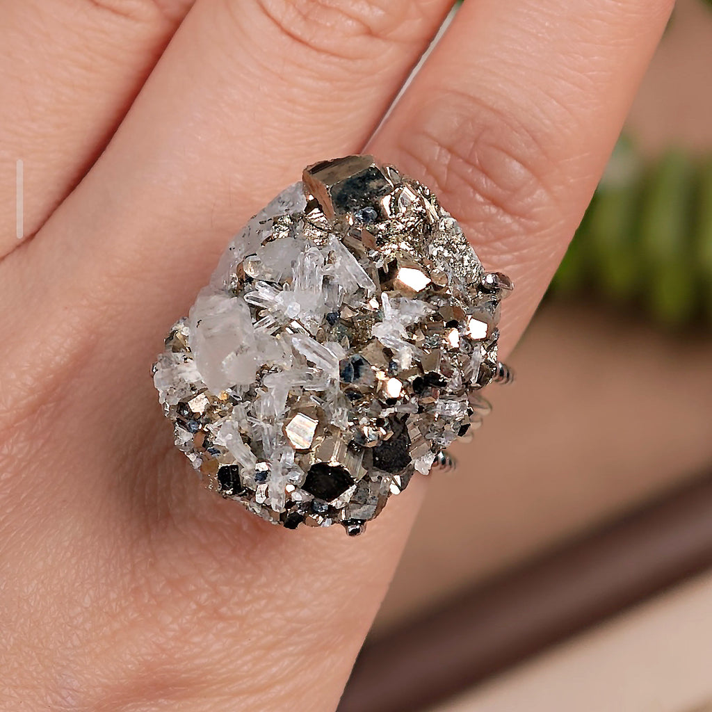 Raw Chalcopyrite Adjustable Ring – Natural Mineral Stone Ring, Handmade One of a Kind Jewelry-005