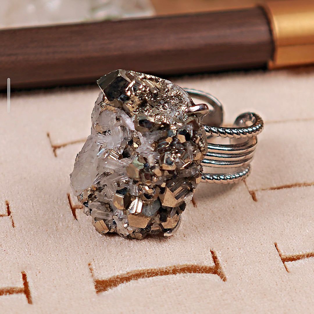 Raw Chalcopyrite Adjustable Ring – Natural Mineral Stone Ring, Handmade One of a Kind Jewelry-005