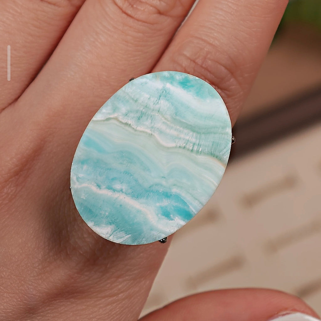 Raw Larimar Adjustable Ring – Natural Mineral Stone Ring, Handmade One of a Kind Jewelry-007
