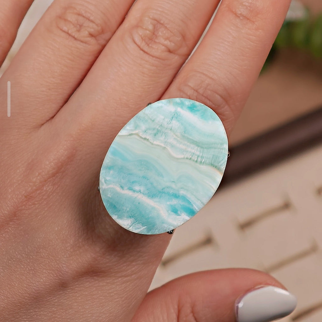Raw Larimar Adjustable Ring – Natural Mineral Stone Ring, Handmade One of a Kind Jewelry-007
