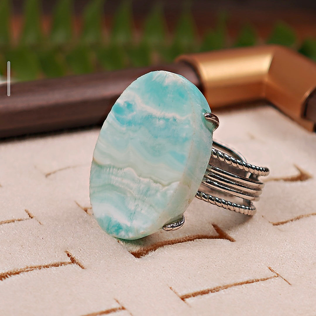 Raw Larimar Adjustable Ring – Natural Mineral Stone Ring, Handmade One of a Kind Jewelry-007
