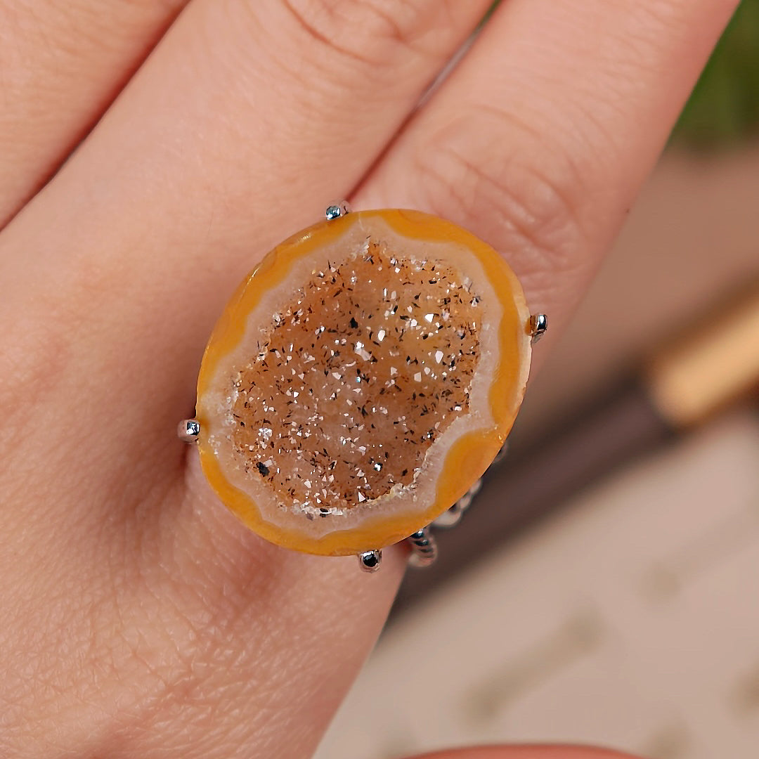 Raw geode Adjustable Ring – Natural Mineral Stone Ring, Handmade One of a Kind Jewelry-010