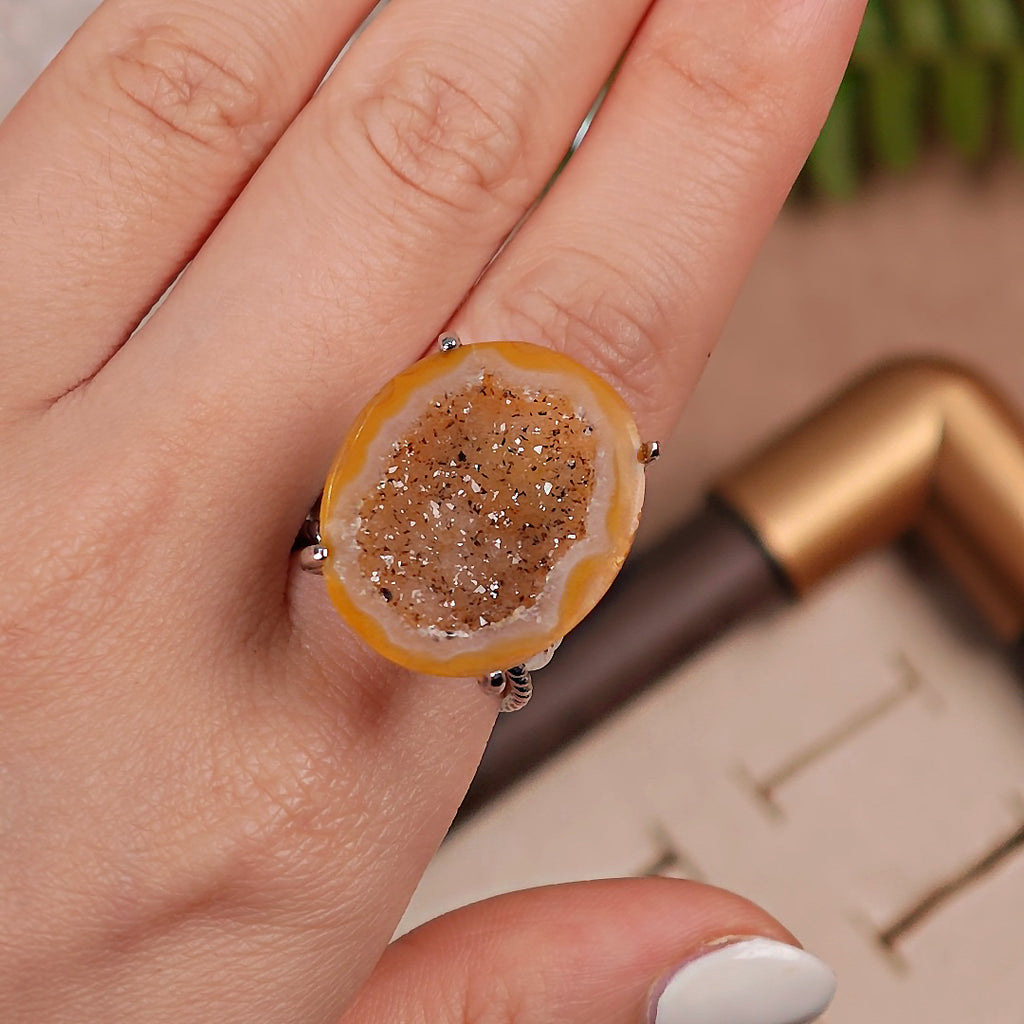 Raw geode Adjustable Ring – Natural Mineral Stone Ring, Handmade One of a Kind Jewelry-010