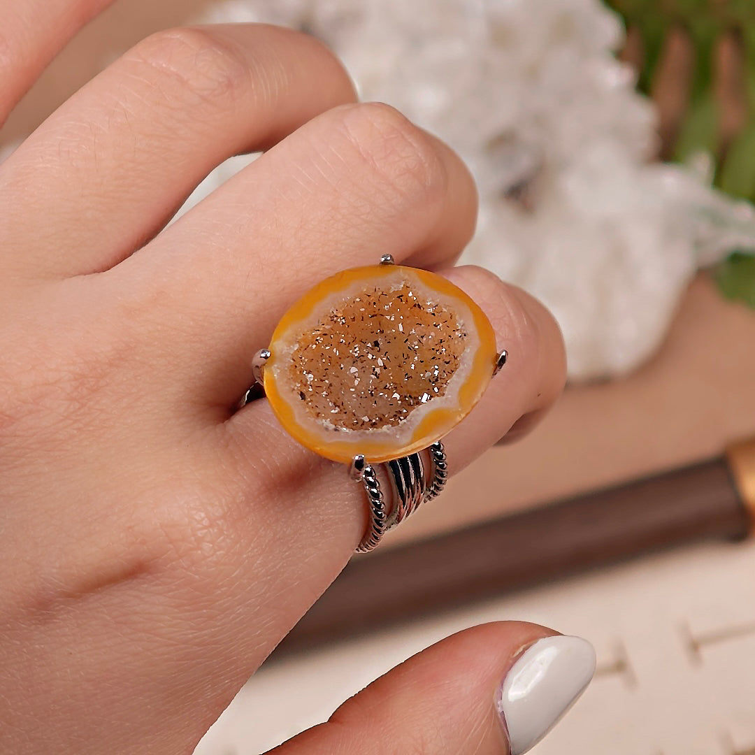 Raw geode Adjustable Ring – Natural Mineral Stone Ring, Handmade One of a Kind Jewelry-010