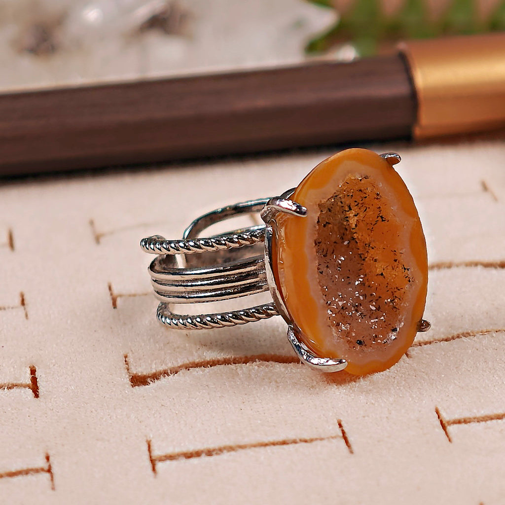 Raw geode Adjustable Ring – Natural Mineral Stone Ring, Handmade One of a Kind Jewelry-010