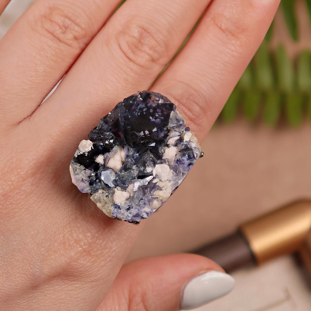 Raw Phantom Fluorite Adjustable Ring – Natural Mineral Stone Ring, Handmade One of a Kind Jewelry-012