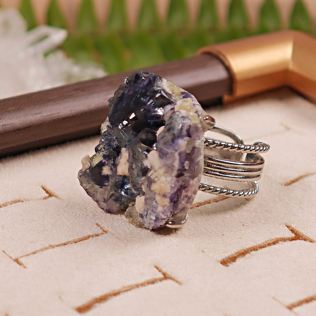Raw Phantom Fluorite Adjustable Ring – Natural Mineral Stone Ring, Handmade One of a Kind Jewelry-012