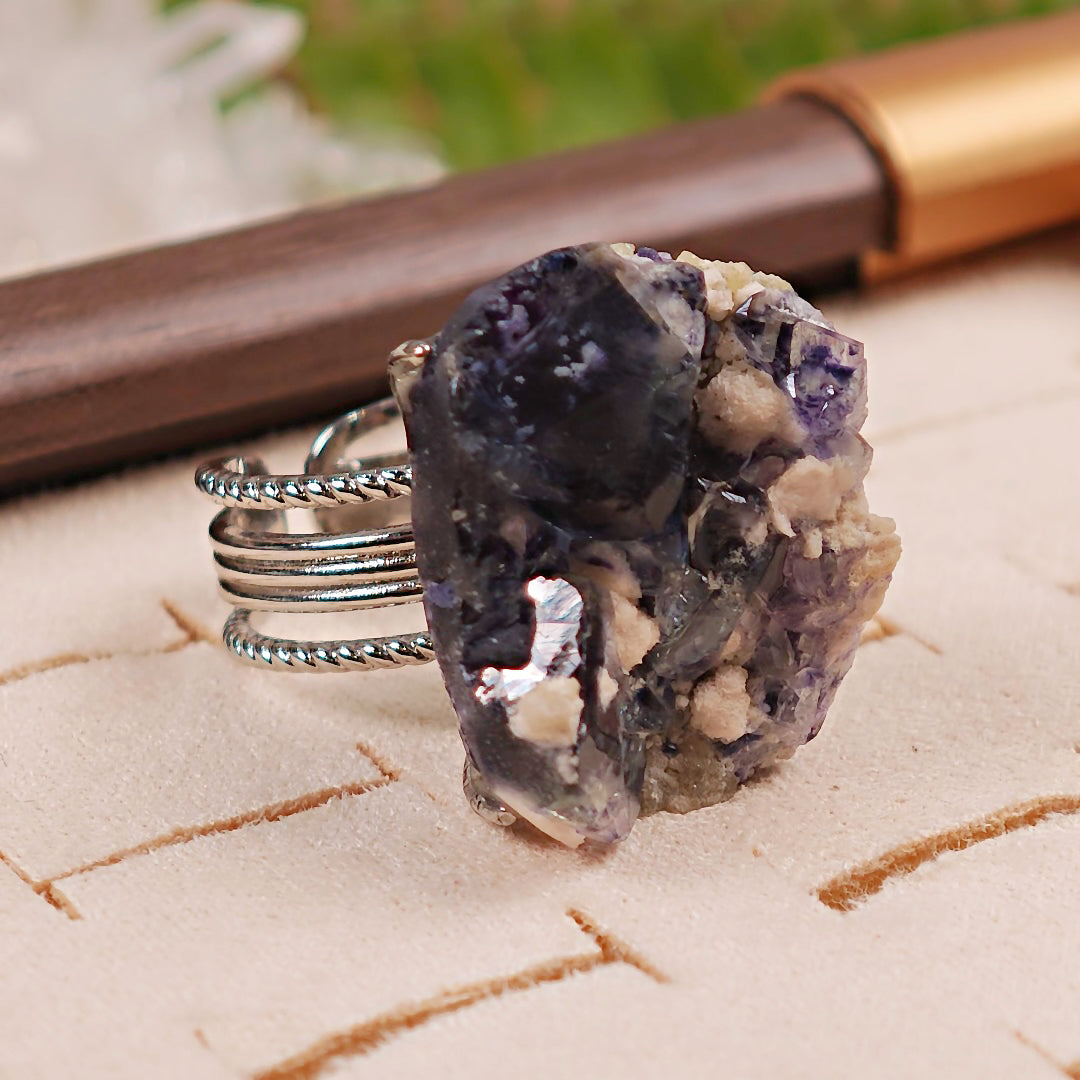 Raw Phantom Fluorite Adjustable Ring – Natural Mineral Stone Ring, Handmade One of a Kind Jewelry-012