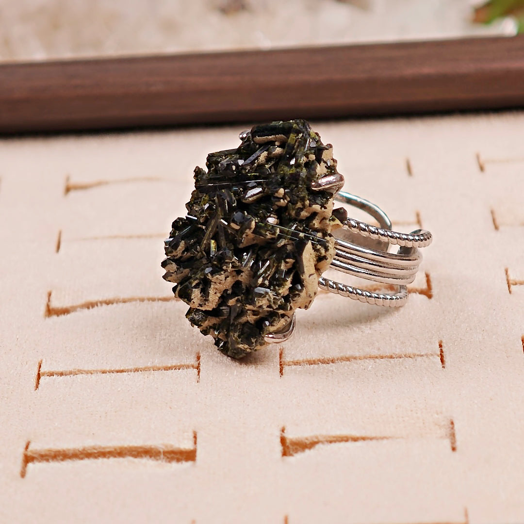Raw Green Tourmaline Adjustable Ring – Natural Mineral Stone Ring, Handmade One of a Kind Jewelry-013