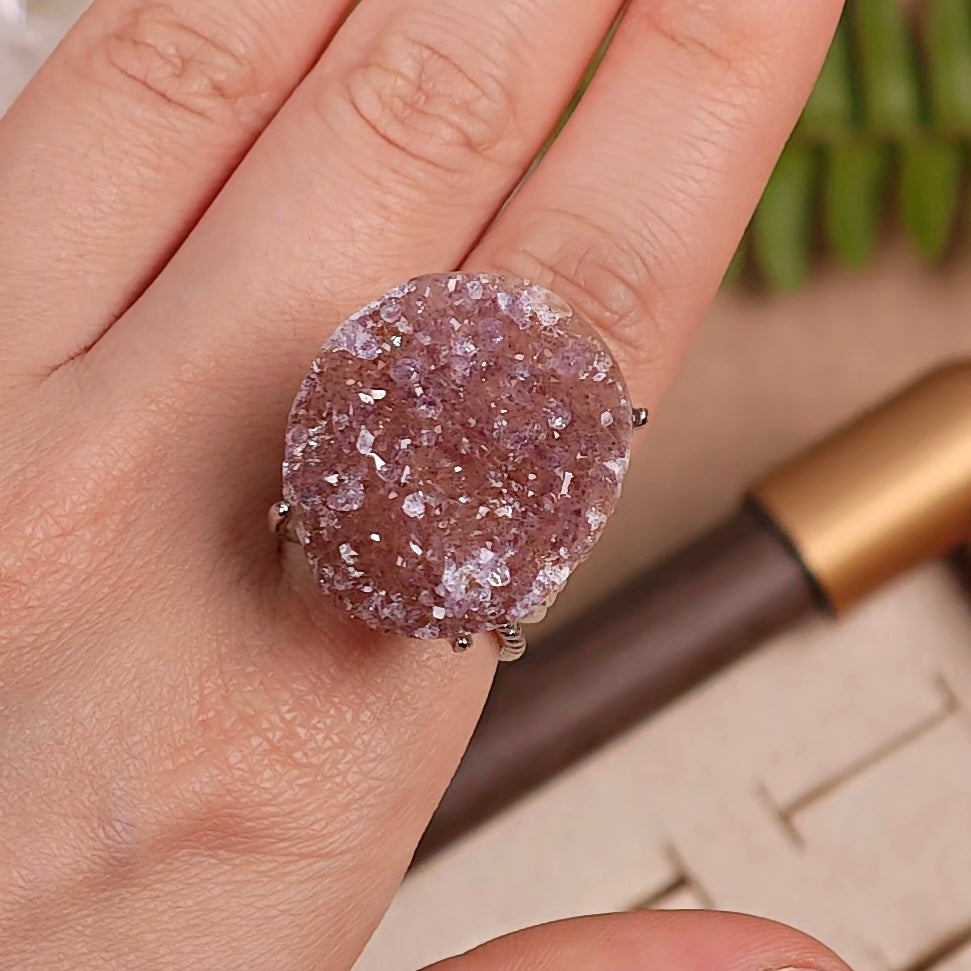 Raw Druzy Quartz Adjustable Ring – Natural Mineral Stone Ring, Handmade One of a Kind Jewelry-014
