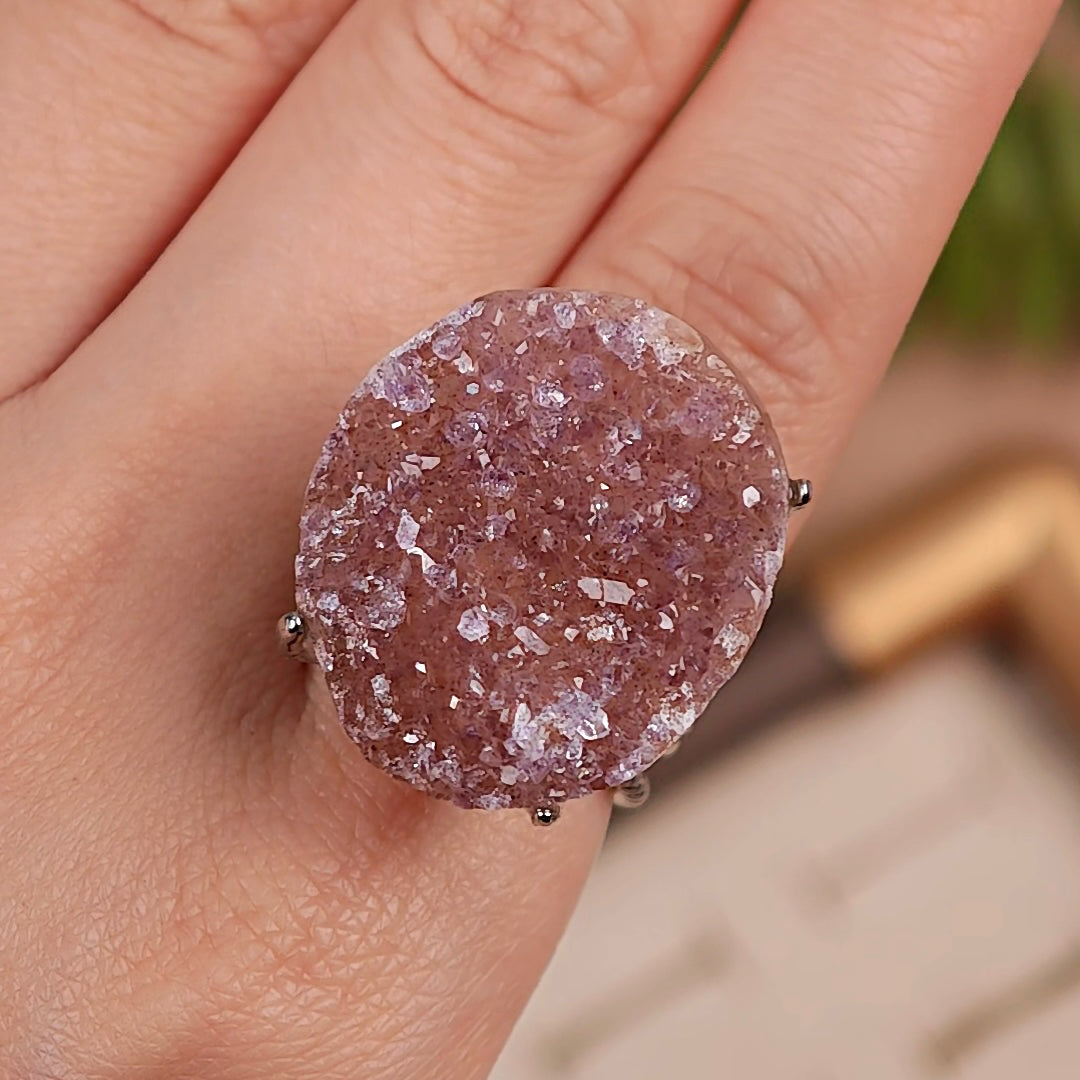 Raw Druzy Quartz Adjustable Ring – Natural Mineral Stone Ring, Handmade One of a Kind Jewelry-014