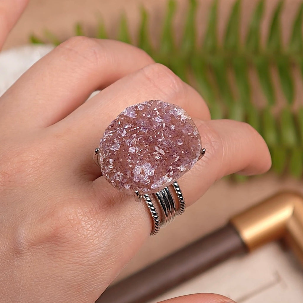 Raw Druzy Quartz Adjustable Ring – Natural Mineral Stone Ring, Handmade One of a Kind Jewelry-014