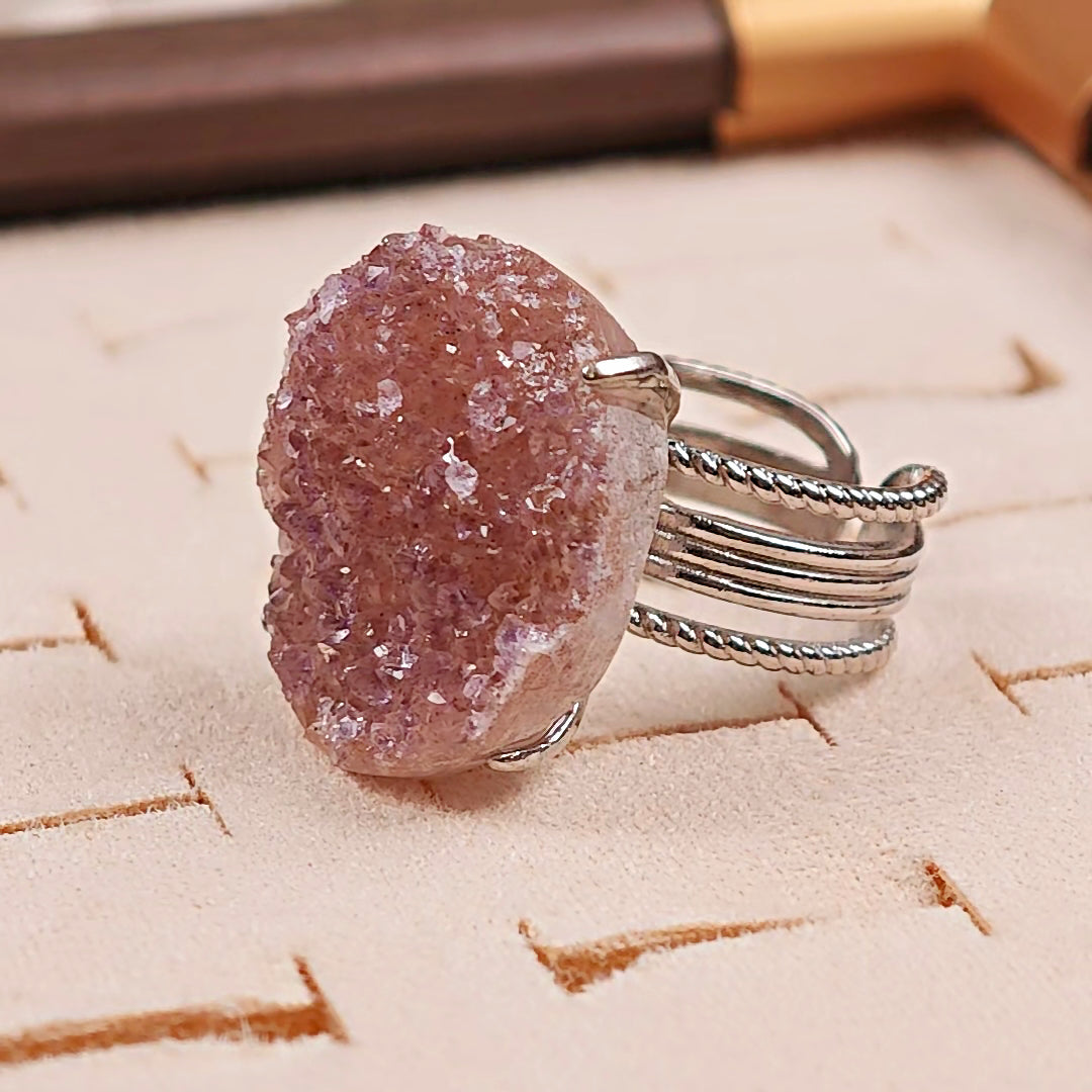 Raw Druzy Quartz Adjustable Ring – Natural Mineral Stone Ring, Handmade One of a Kind Jewelry-014