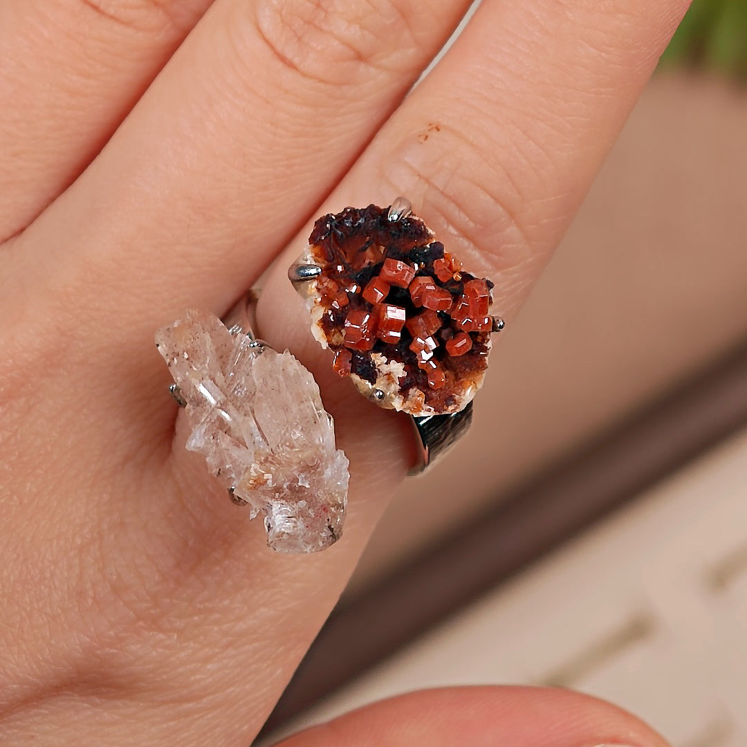 Raw Garnet+Creedite Adjustable Ring – Natural Mineral Stone Ring, Handmade One of a Kind Jewelry-017
