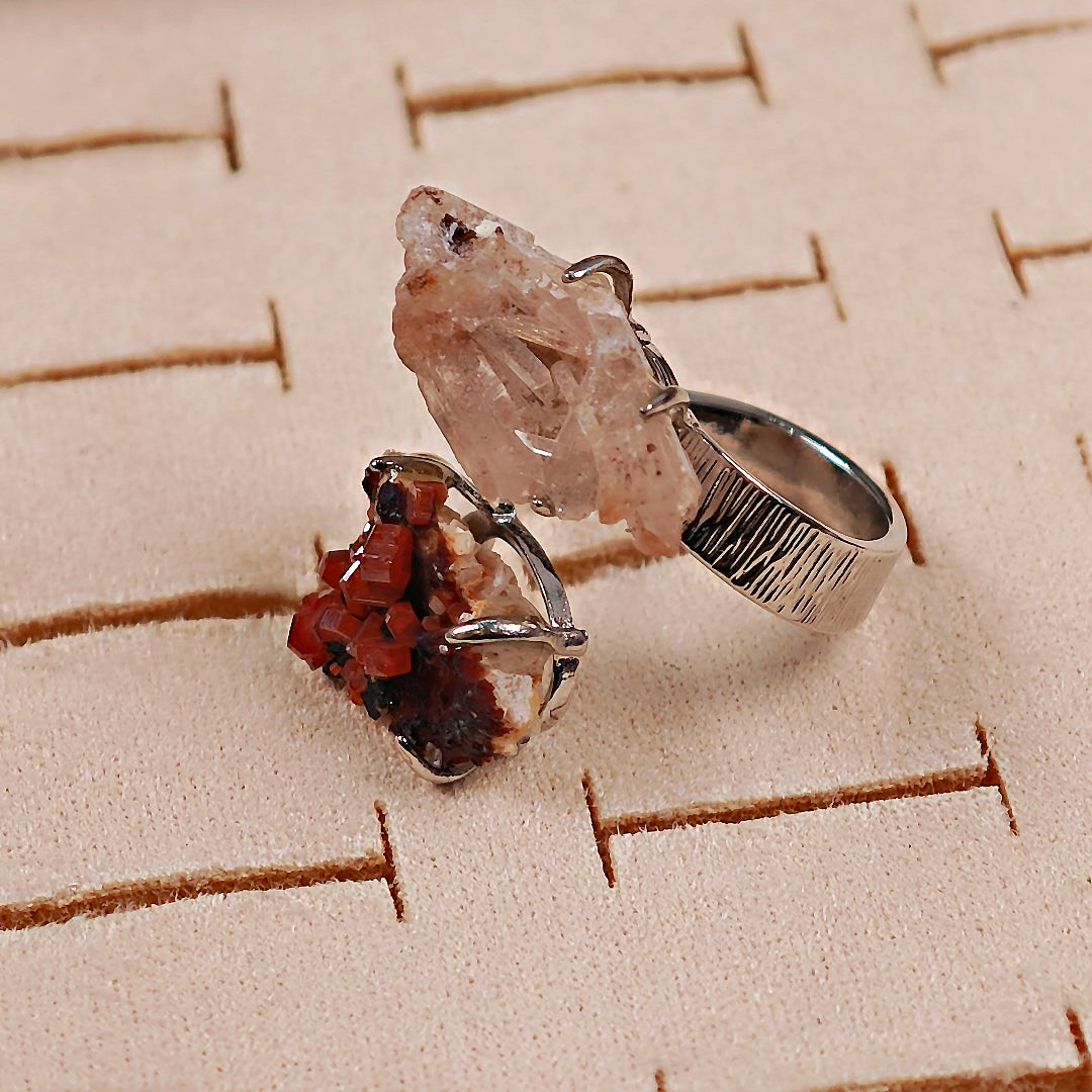Raw Garnet+Creedite Adjustable Ring – Natural Mineral Stone Ring, Handmade One of a Kind Jewelry-017