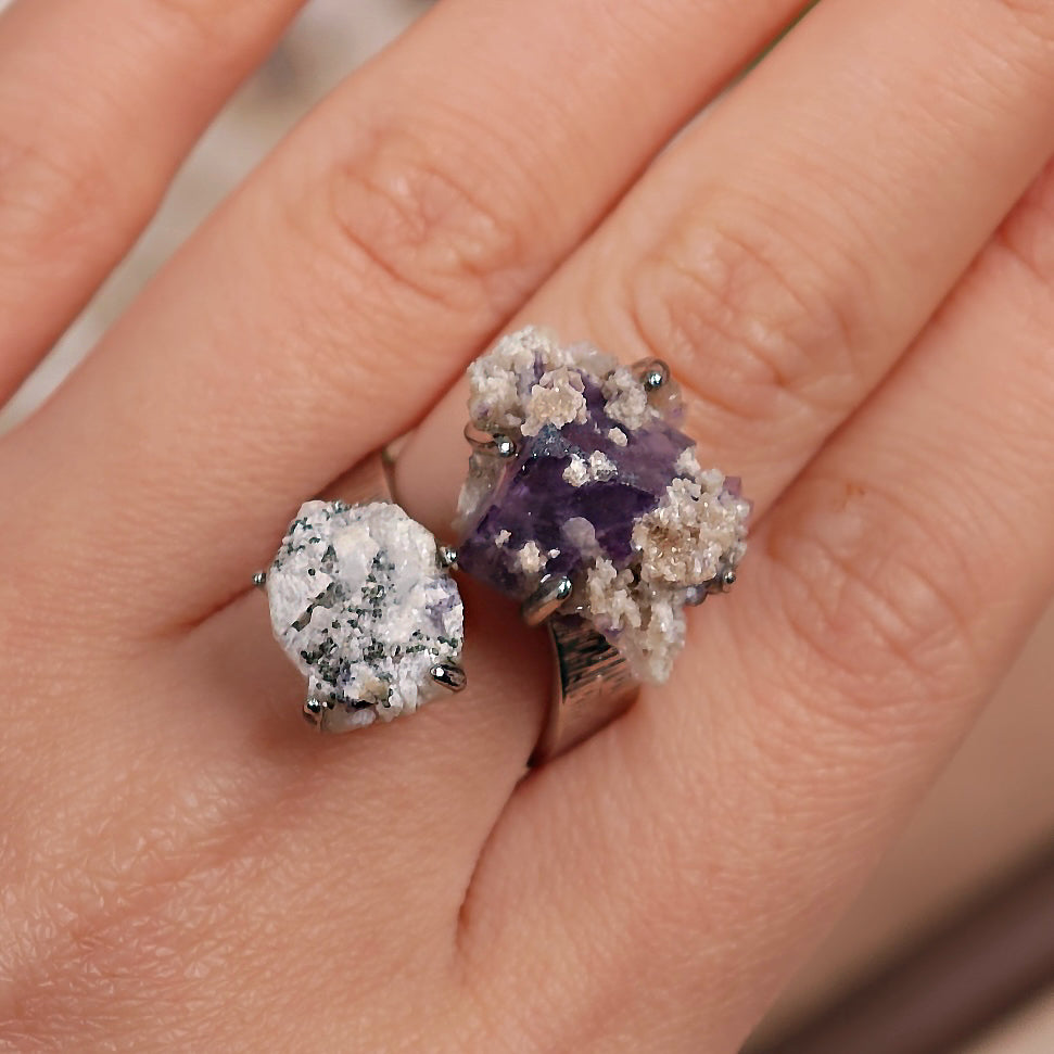 Raw Phantom Fluorite+Pyrite Adjustable Ring – Natural Mineral Stone Ring, Handmade One of a Kind Jewelry-018